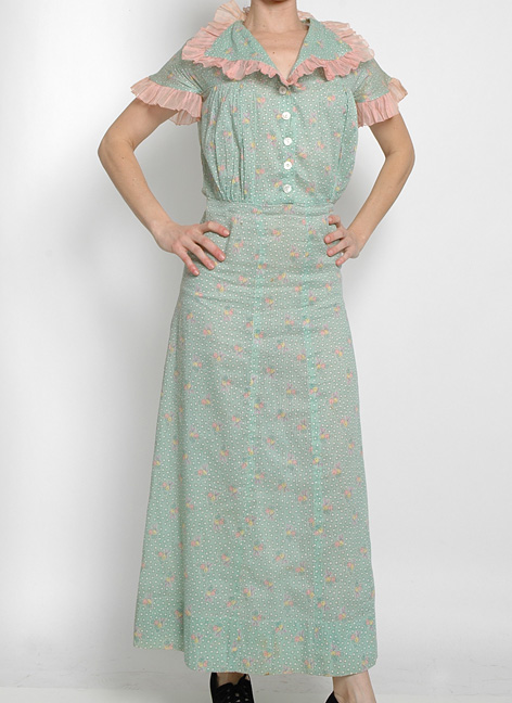 1930s cotton print dress with pink organdy ruffles