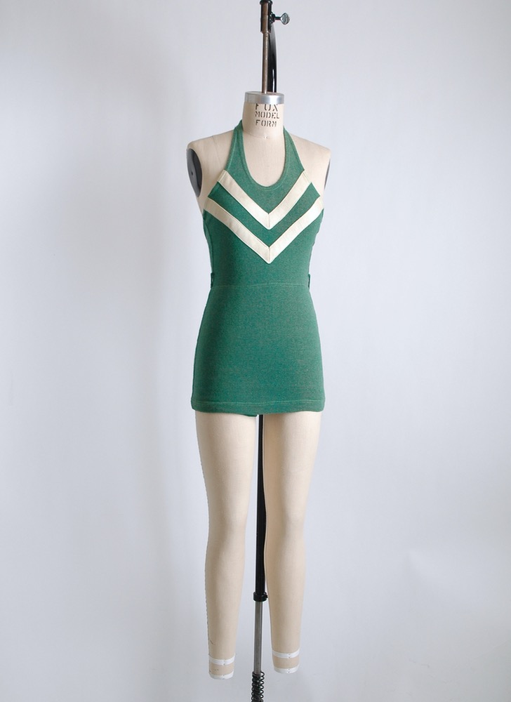 1930s chevron stripe green wool swimsuit sm