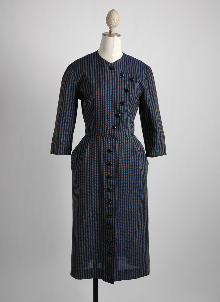 1940s asymmetrical dark blue stripe dress