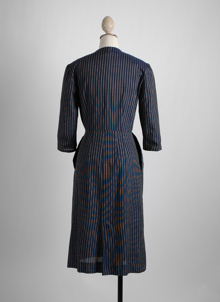 1940s asymmetrical dark blue stripe dress