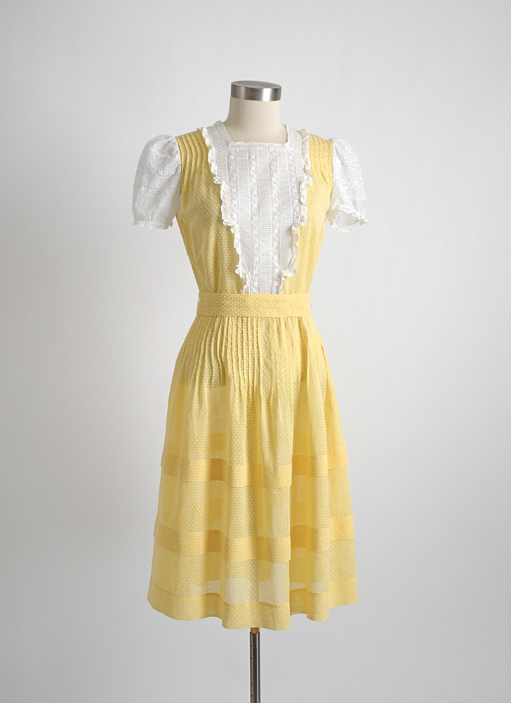 1930s 40s yellow swiss dot dress with embroidered organdy