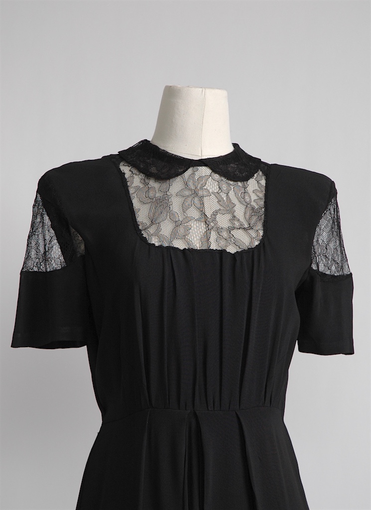1940s black rayon dress with lace insets