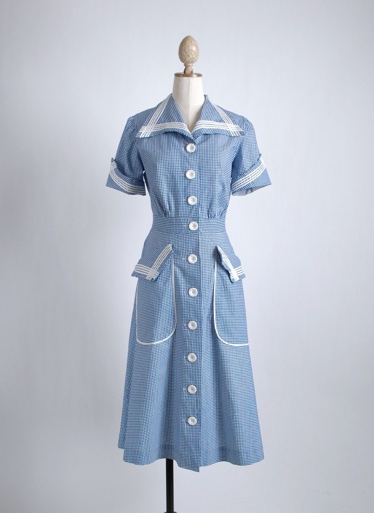 1940s blue gingham cotton dress old stock