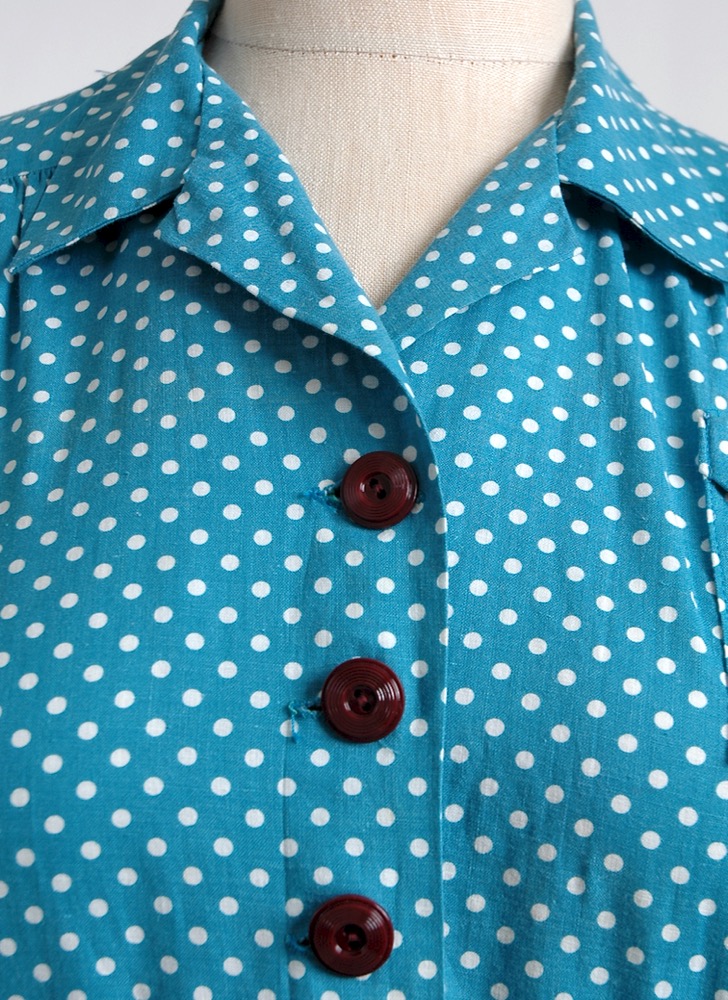 1930s 40s blue + white polka dot cotton dress