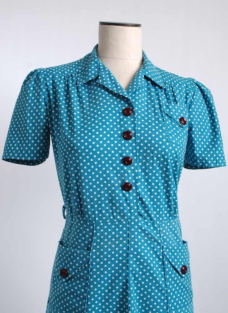 1930s 40s blue + white polka dot cotton dress