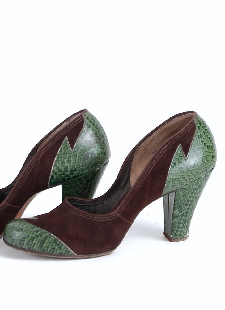 1940s Voguaire faux snake skin suede heels