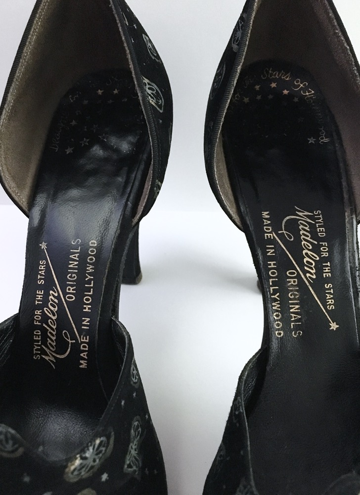 1940s Madelon Hollywood printed suede heels