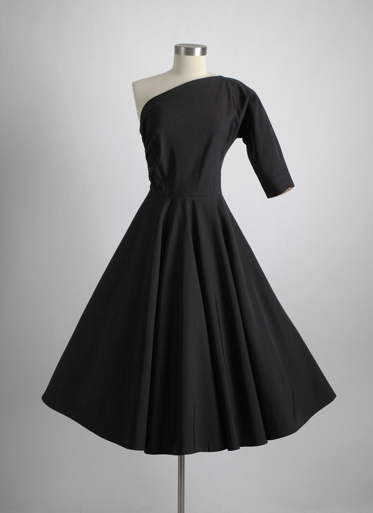1950s one-shoulder black faille dress