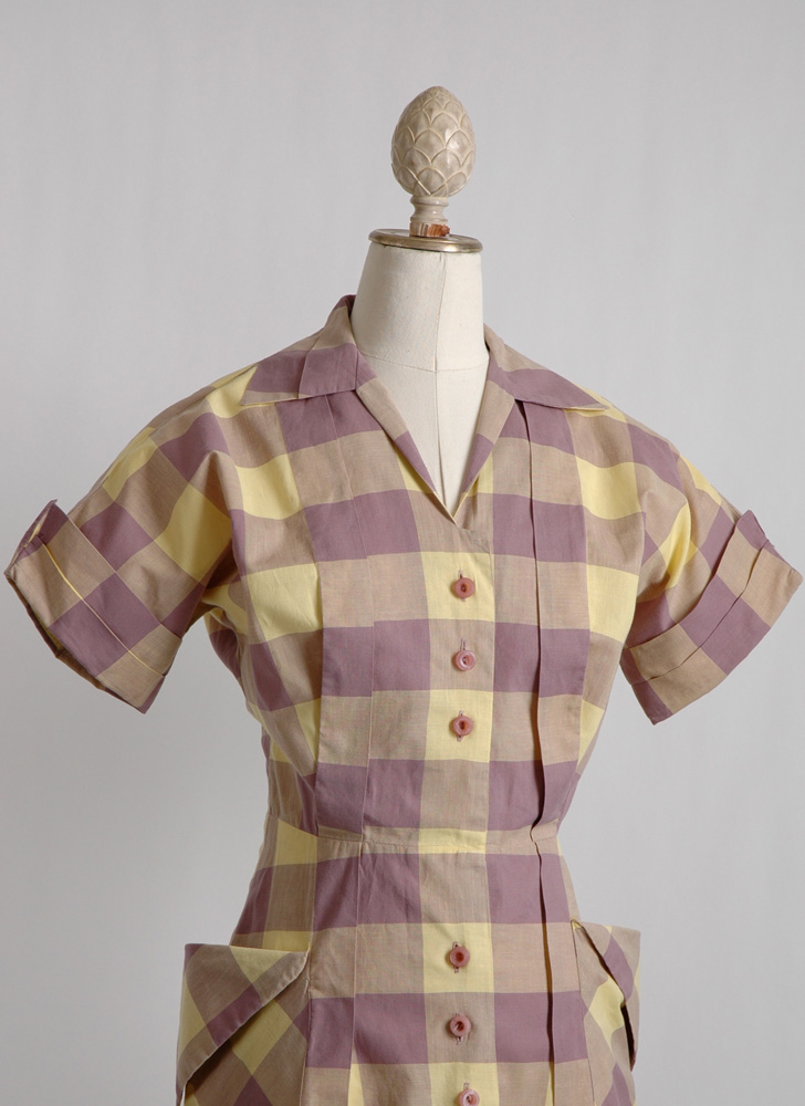 1940s check dress with tucks + dramatic pockets