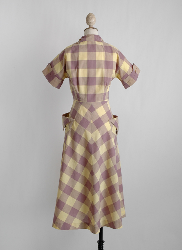 1940s check dress with tucks + dramatic pockets