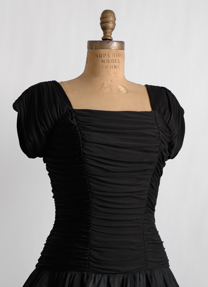 1950s black draped jersey + taffeta dress