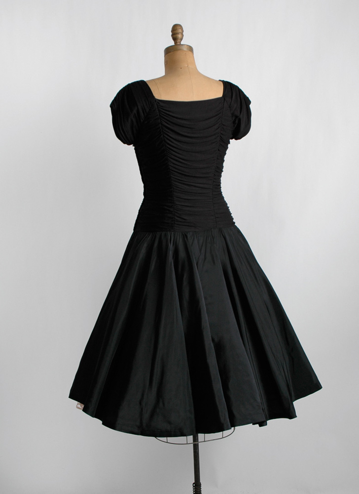 1950s black draped jersey + taffeta dress