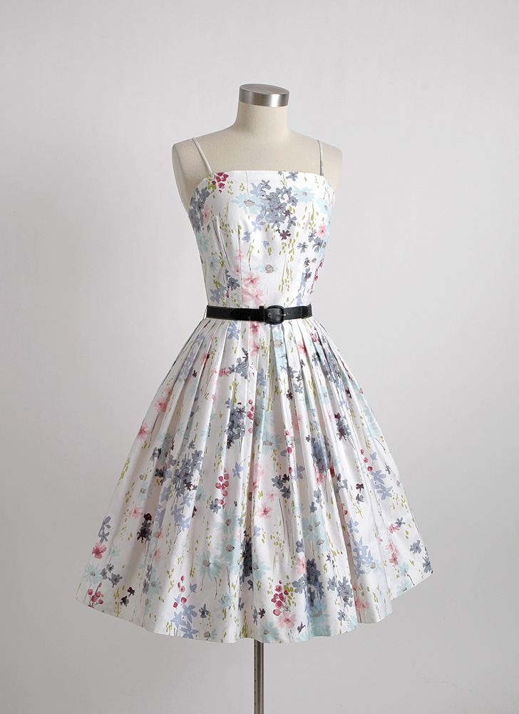 1950s white floral polished cotton dress