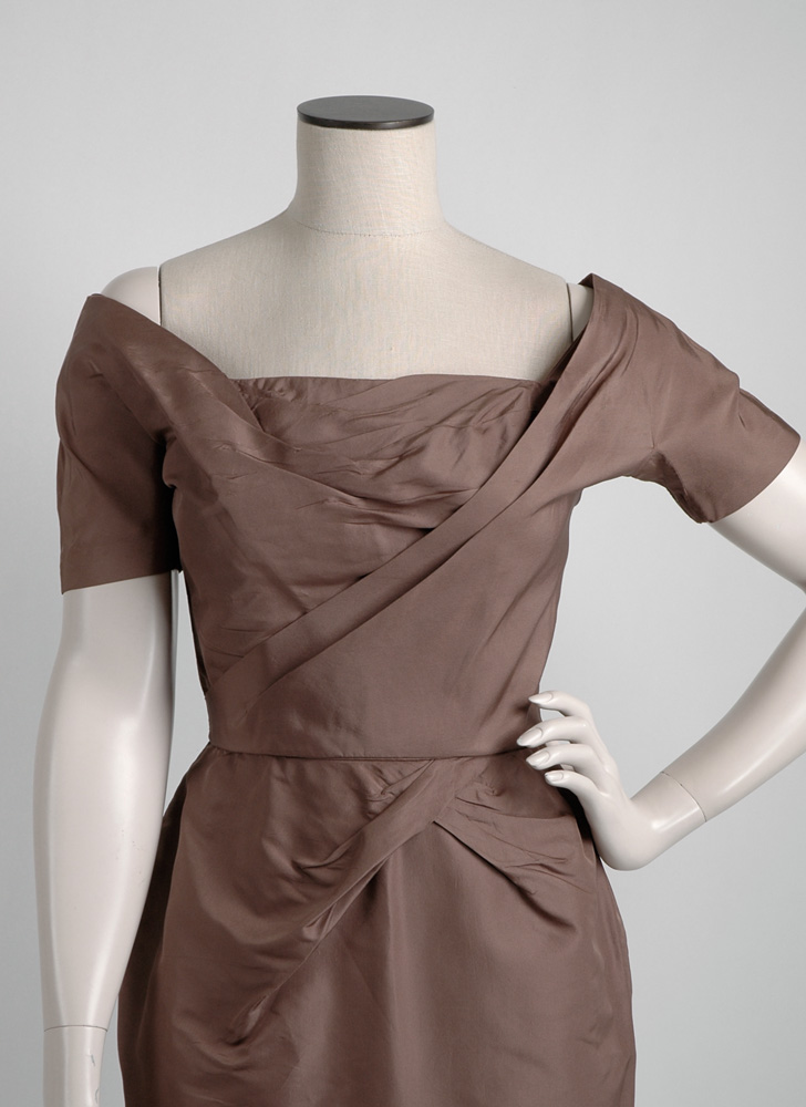 1950s Ceil Chapman sculptural brown silk dress