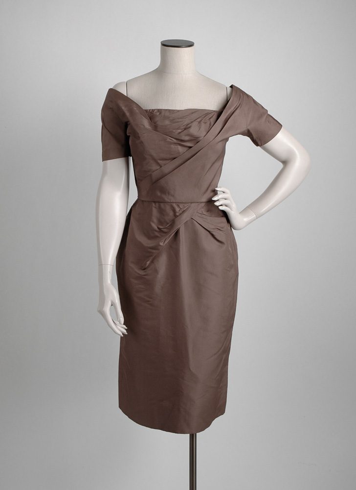 1950s Ceil Chapman sculptural brown silk dress