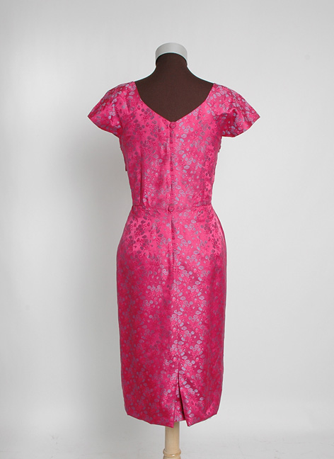1950s cerise silk damask Marjorie Michael cocktail dress