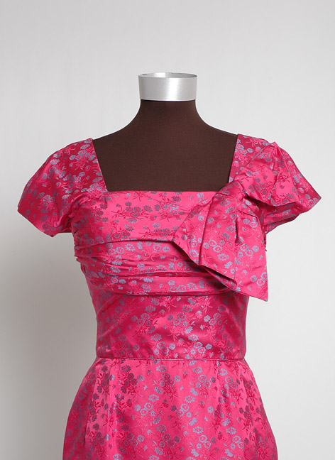 1950s cerise silk damask Marjorie Michael cocktail dress