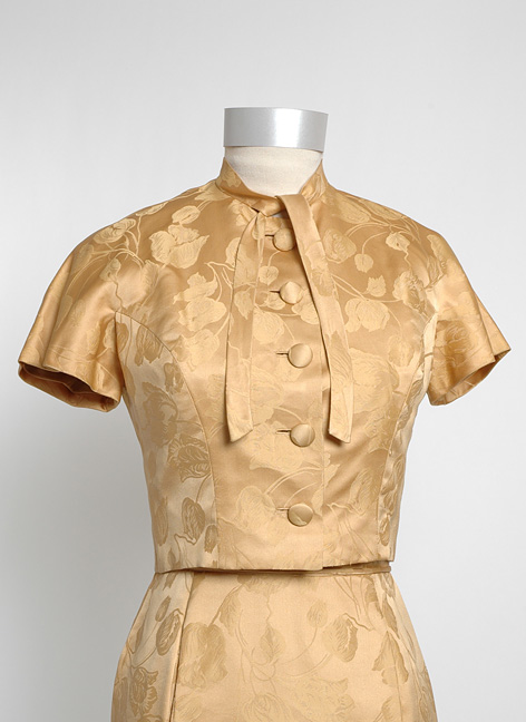 1950s Gothé Bonwit Teller gold silk damask dress + jacket