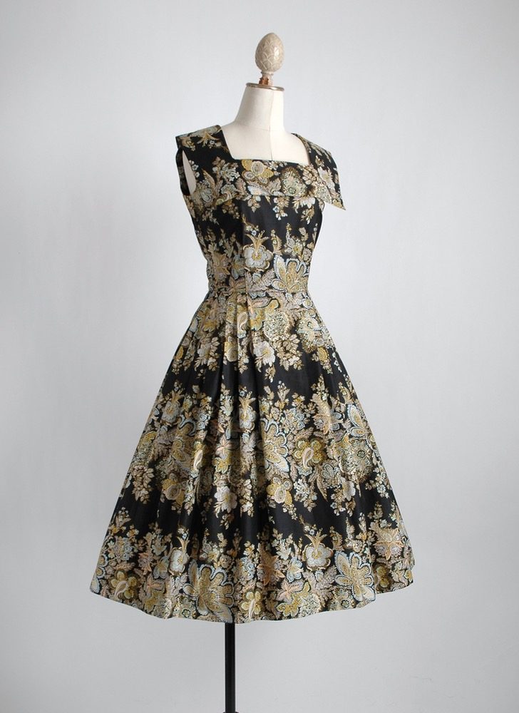 1950s black polished cotton floral dress