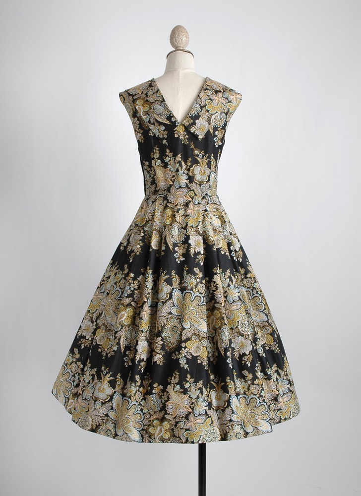 1950s black polished cotton floral dress