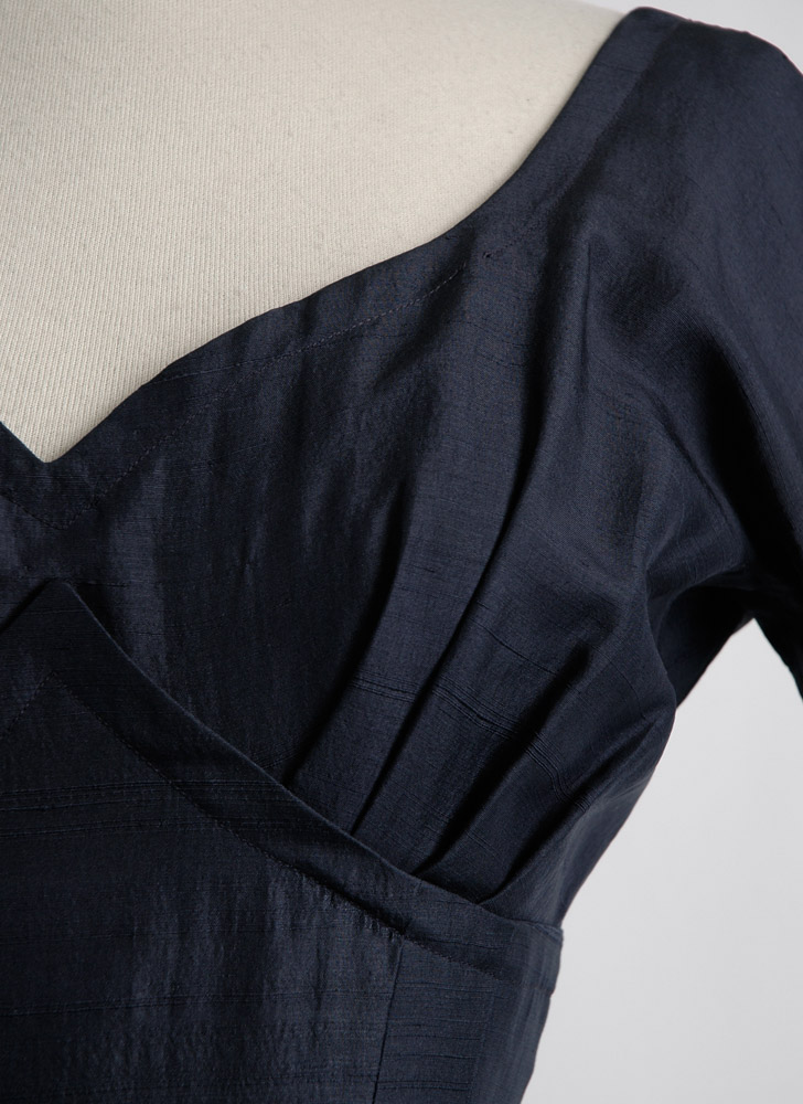 1950s dark blue raw silk evening dress
