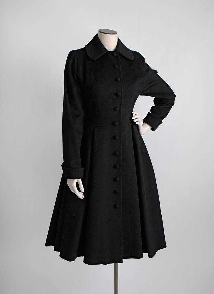 1950s black wool button front princess coat