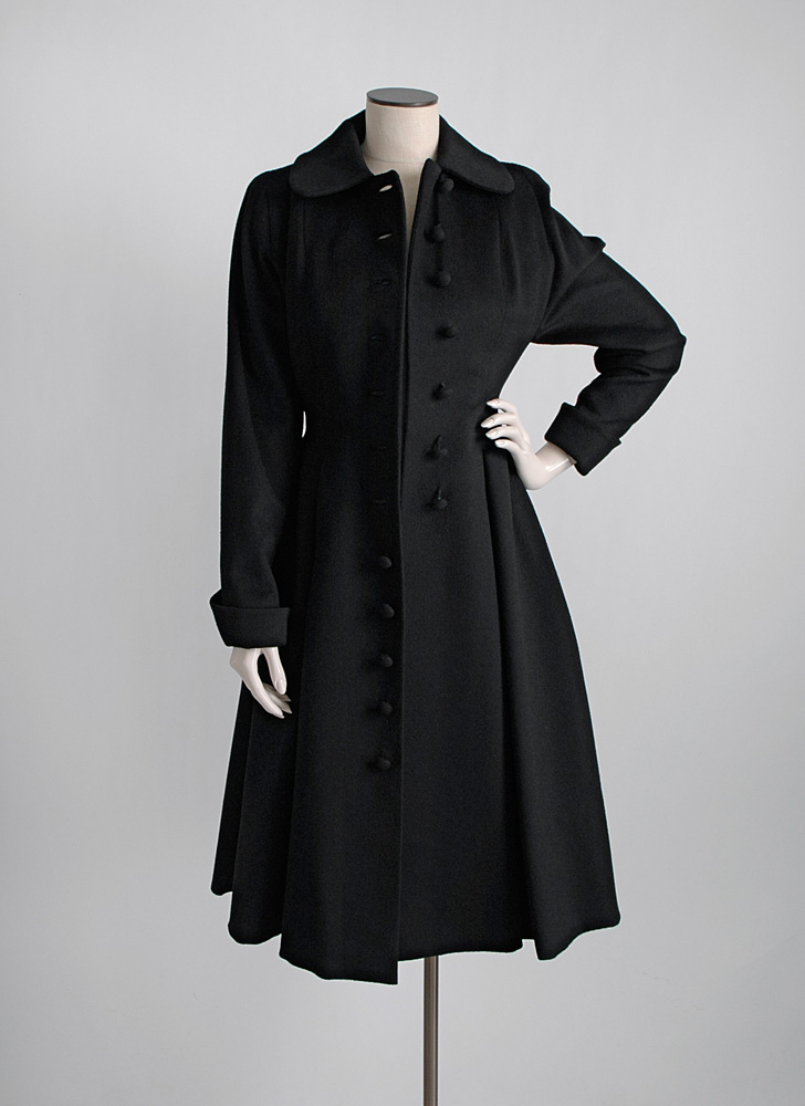 1950s black wool button front princess coat