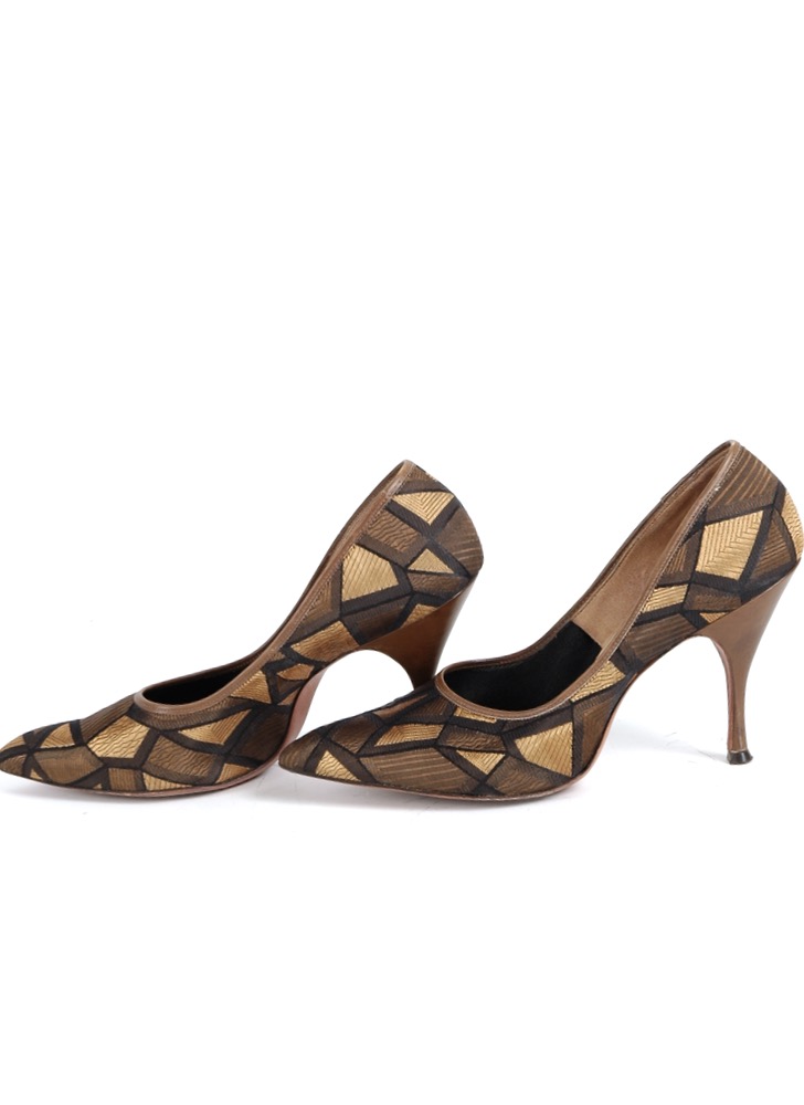 1950s Tweedies gold black stiletto heels 7B