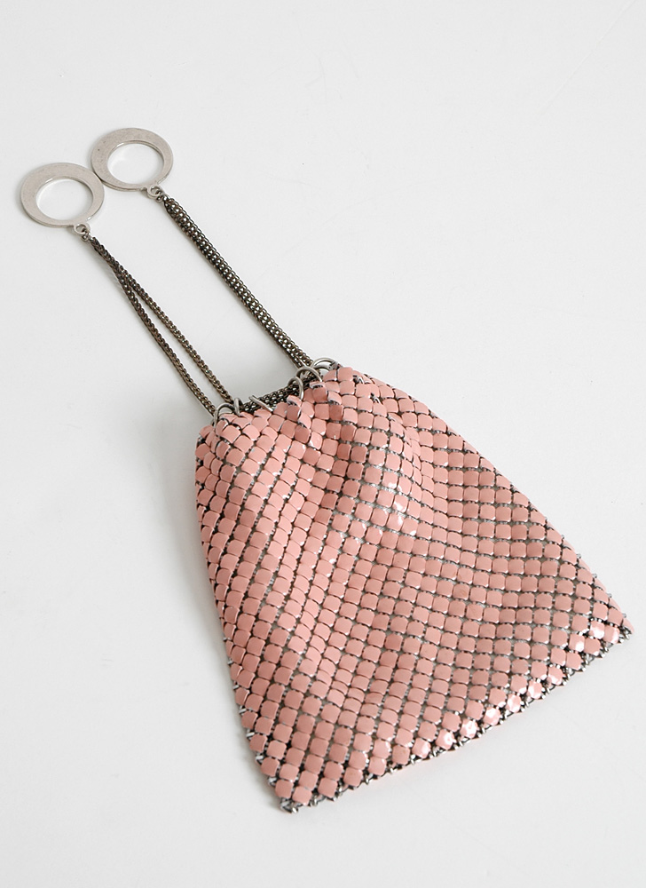 1950s pink enameled mesh drawstring bag