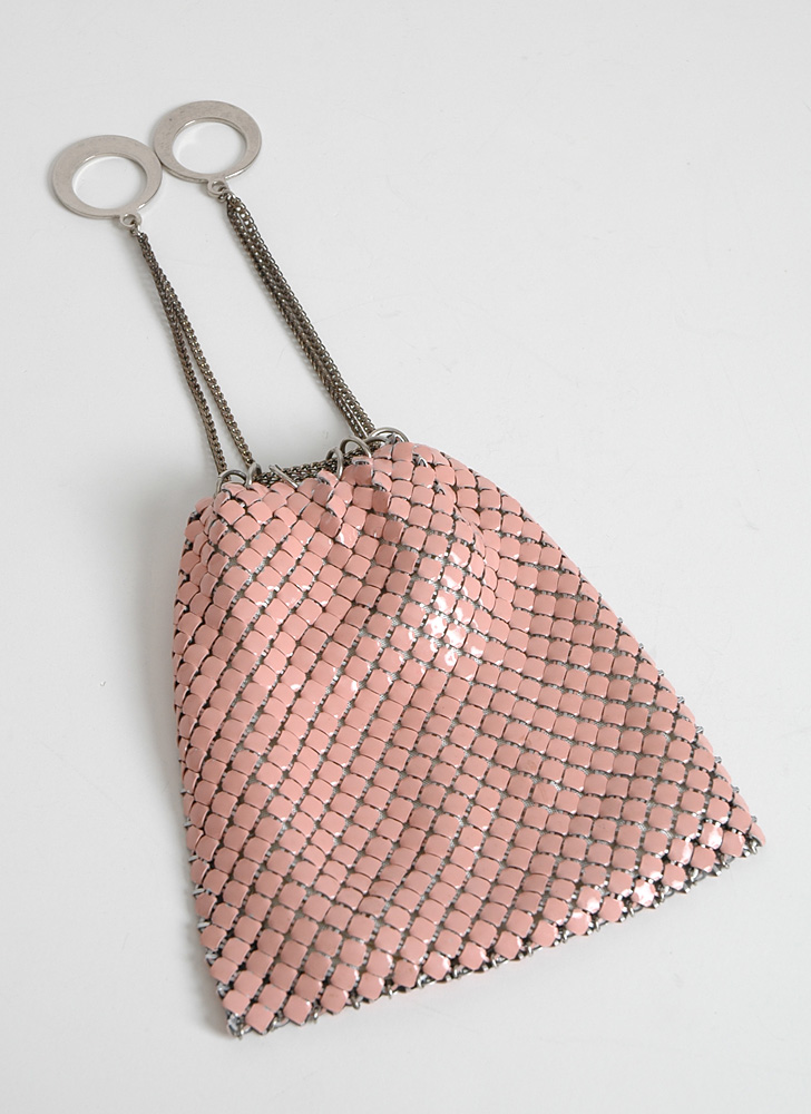 1950s pink enameled mesh drawstring bag