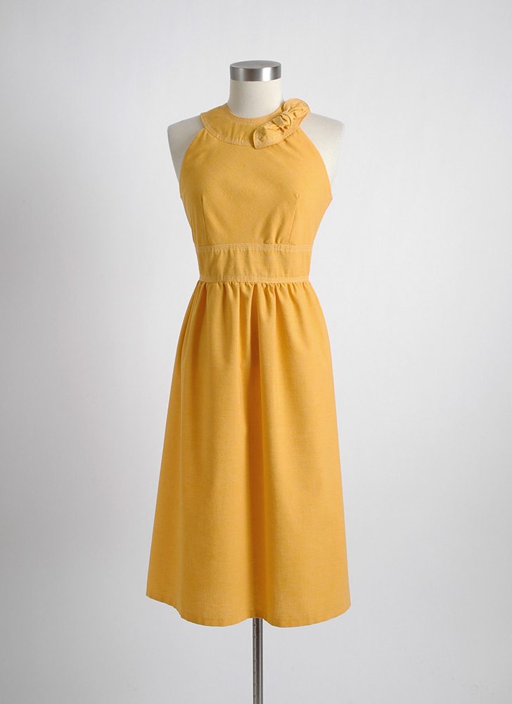 1960s vintage yellow slubbed fabric dress with stitching
