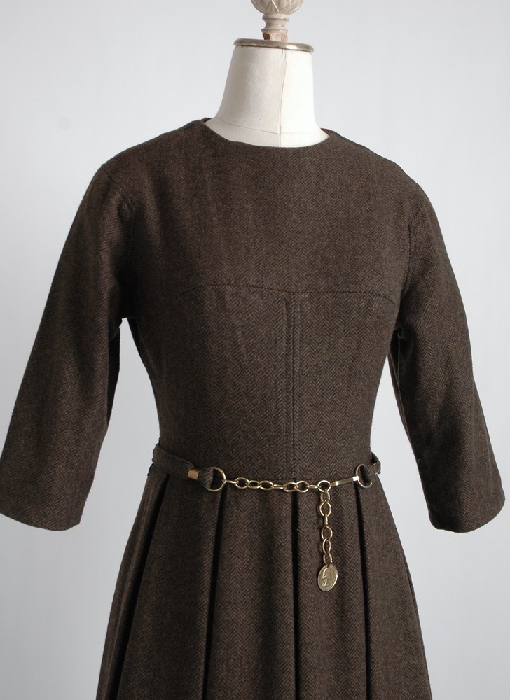 1960s brown herringbone wool dress + belt