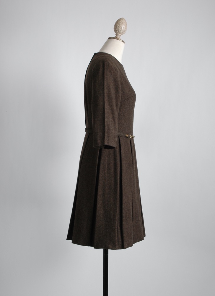 1960s brown herringbone wool dress + belt