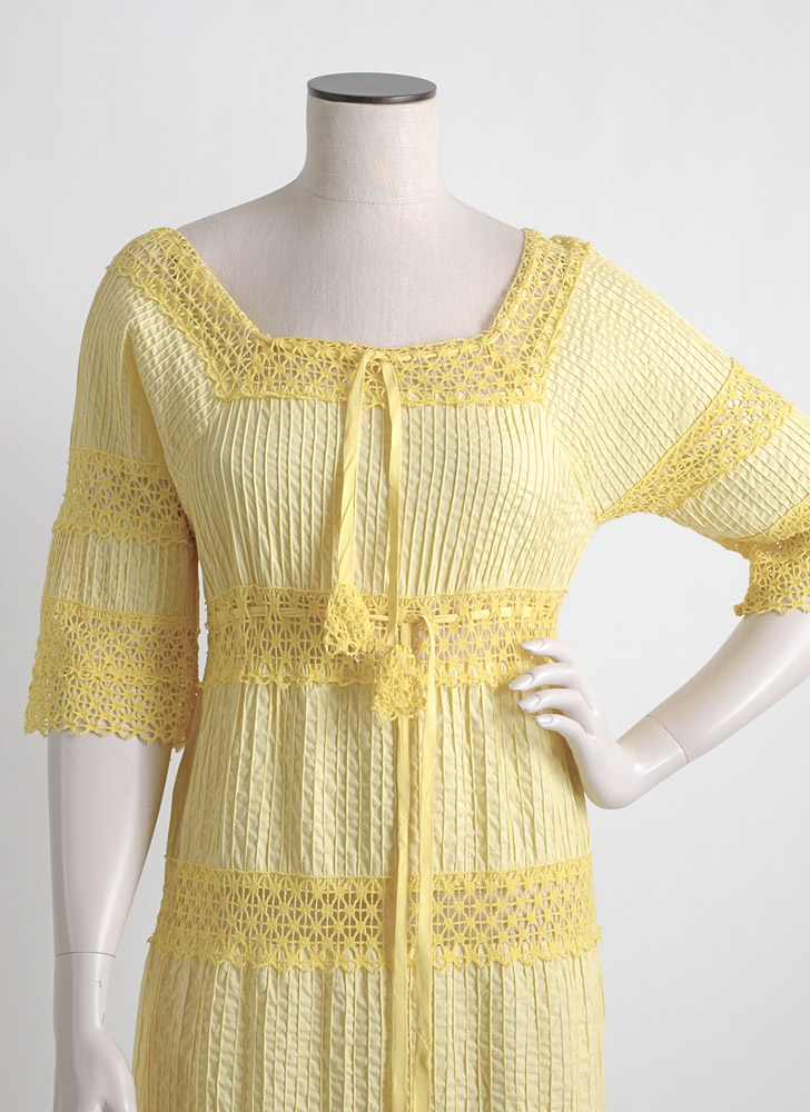 1970s yellow pintucked cotton + crochet peasant dress