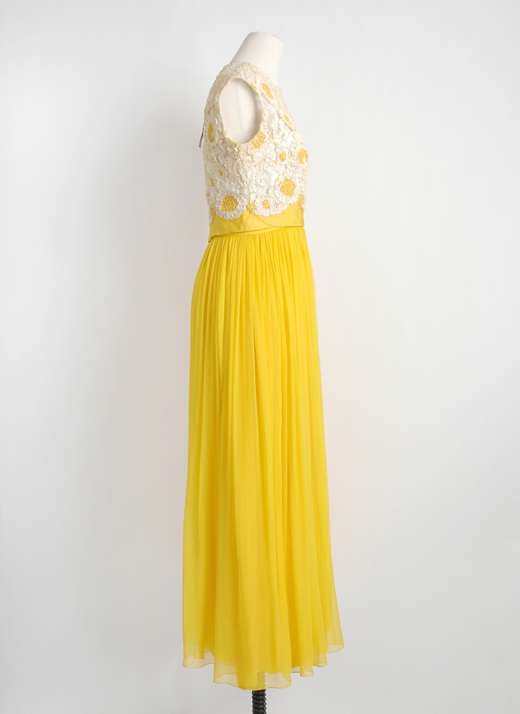1960s Lee Claire yellow chiffon and lace gown