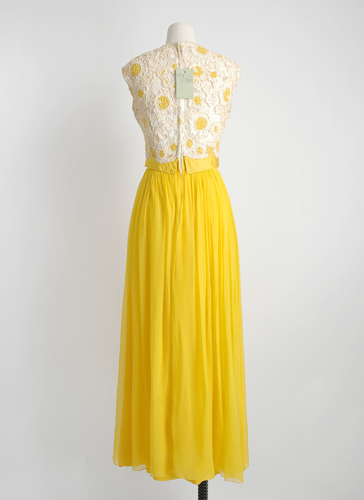 1960s Lee Claire yellow chiffon and lace gown