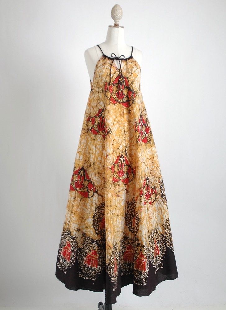1970s white + yellow batik cotton tent dress