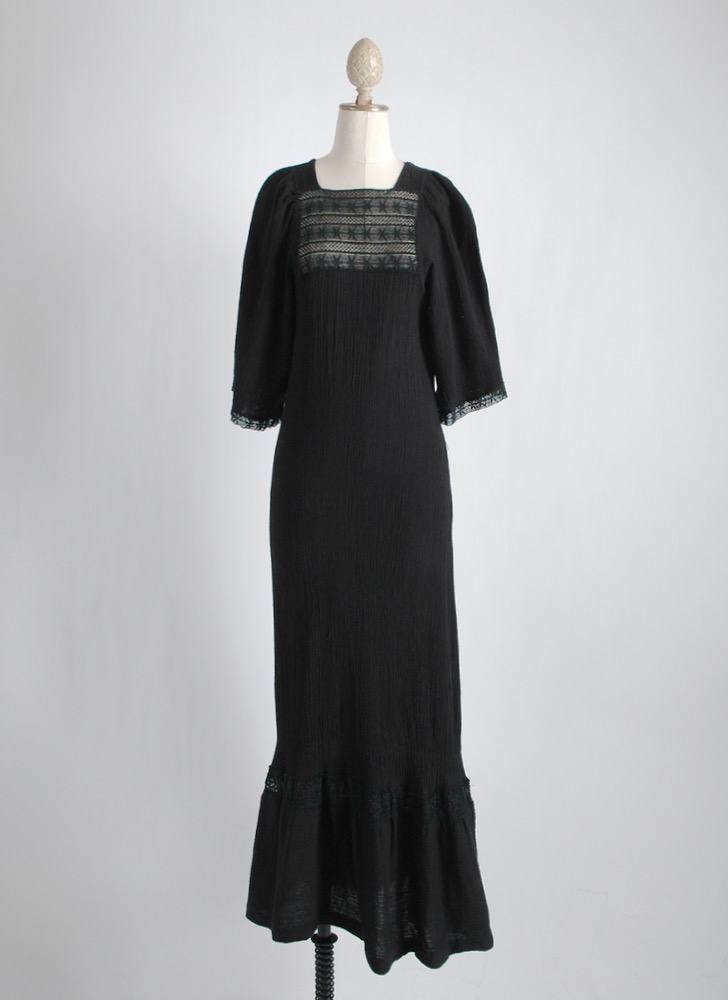 1970s black cotton gauze + embroidered lace dress