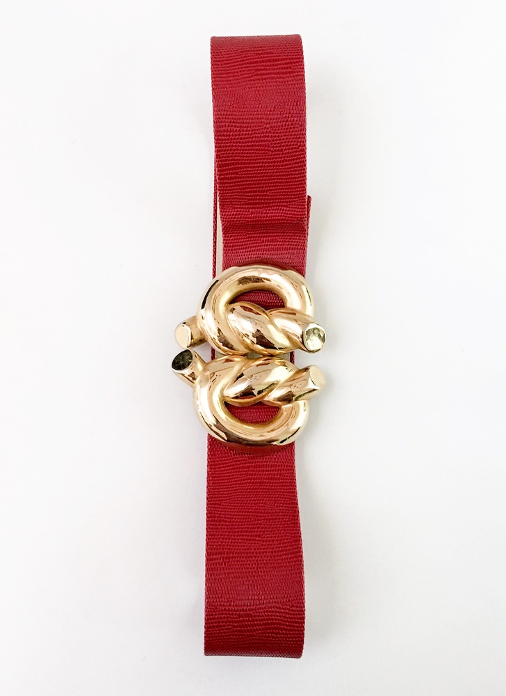 1980s Mimi di N gold knot belt buckle, red snakeskin