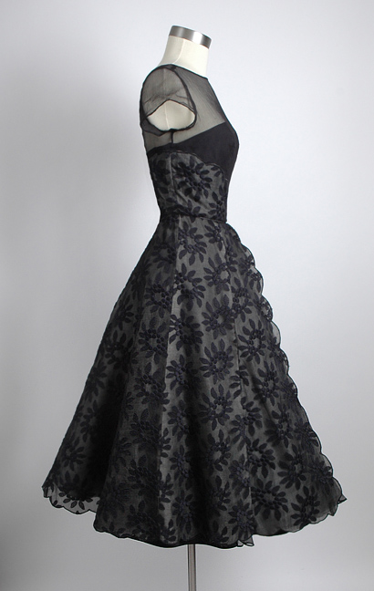 1950s Mary Sachs accordion pleat embroidered silk chiffon + organza dress