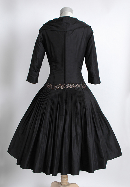 fine 1950s sculptural silk satin lace evening dress