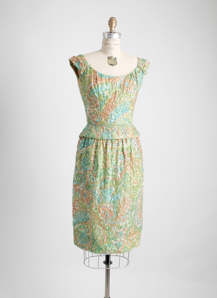1950s 60s Pat Sandler pastel sheer cotton sequin cocktail dress