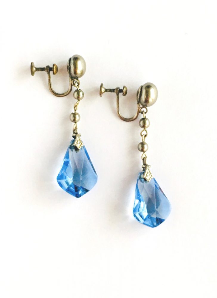 1920s 30s antique faceted blue glass drop earrings