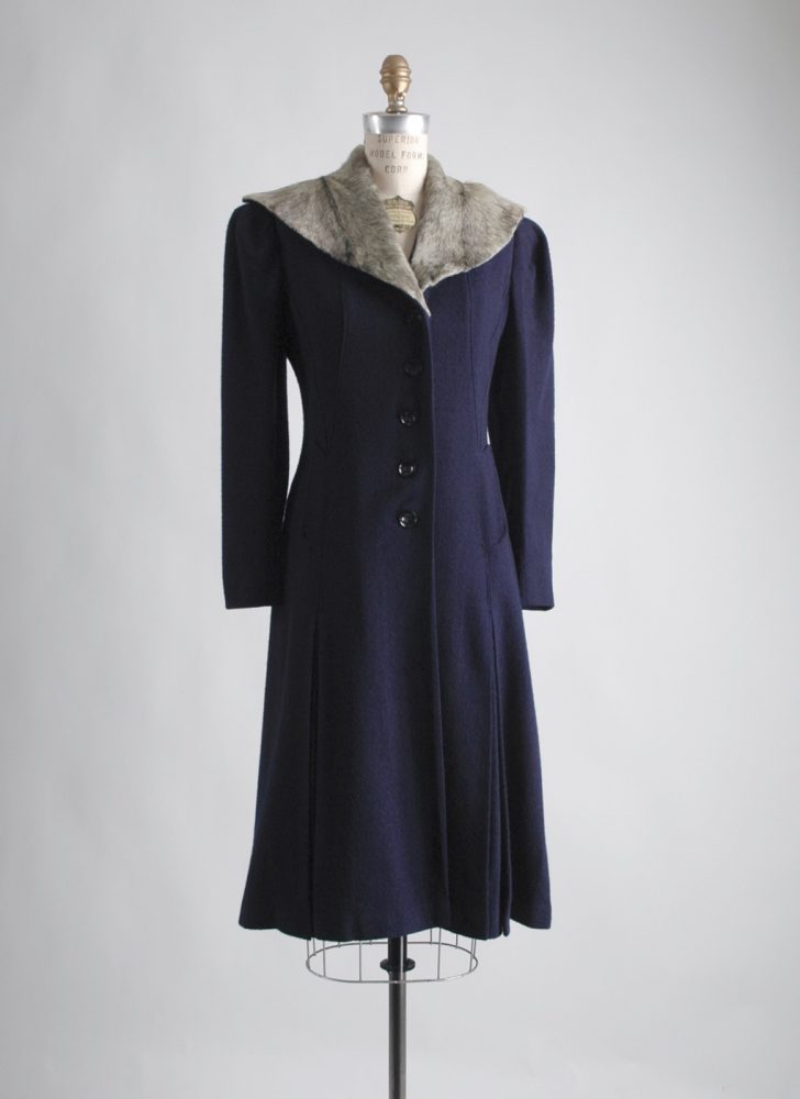 1930s dark blue eyelash wool coat with a pony fur collar