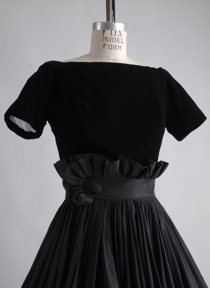 1950s Gigi Young black velvet + taffeta ruffle dress