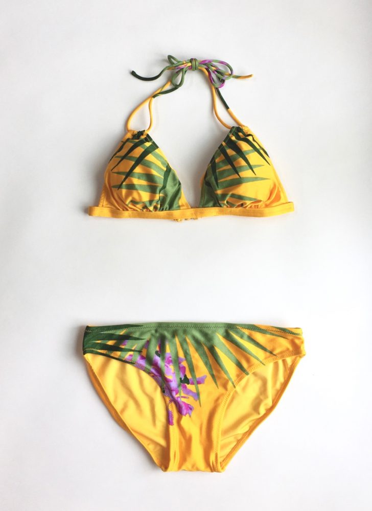 1970s 70s yellow tropical Gottex bikini bathing suit swimsuit