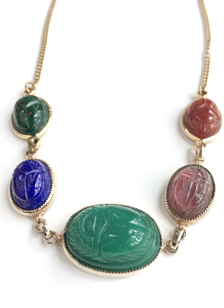 1950s carved scarab semiprecious stone gold plate necklace