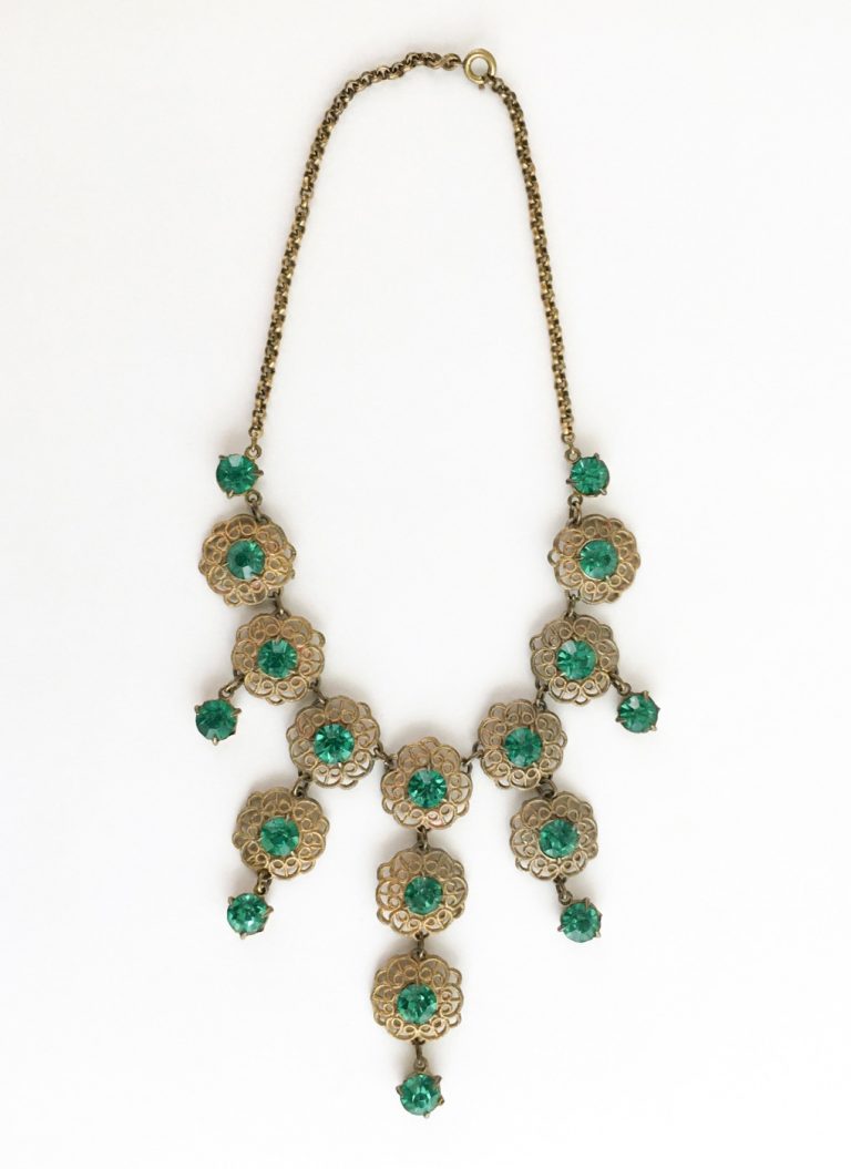 vintage 1930s green rhinestone + brass filigree drop bib necklace ...