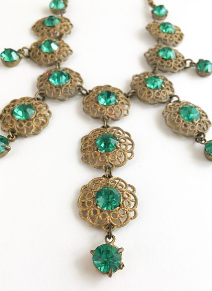 vintage 1930s green rhinestone + brass filigree drop bib necklace