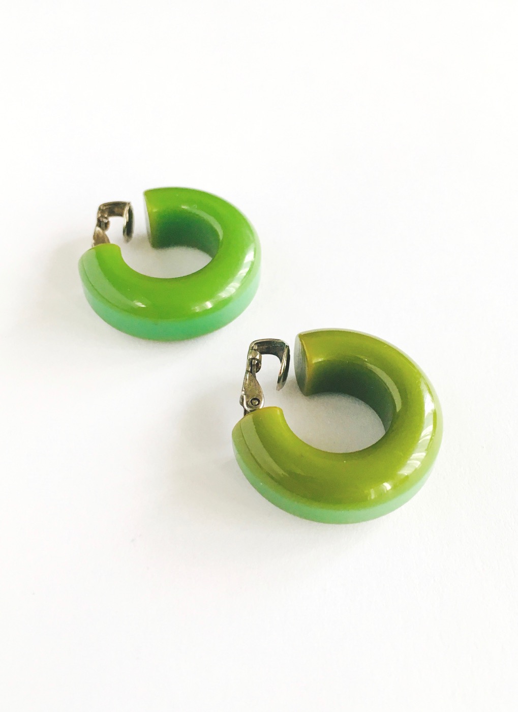vintage green Bakelite hoop earrings